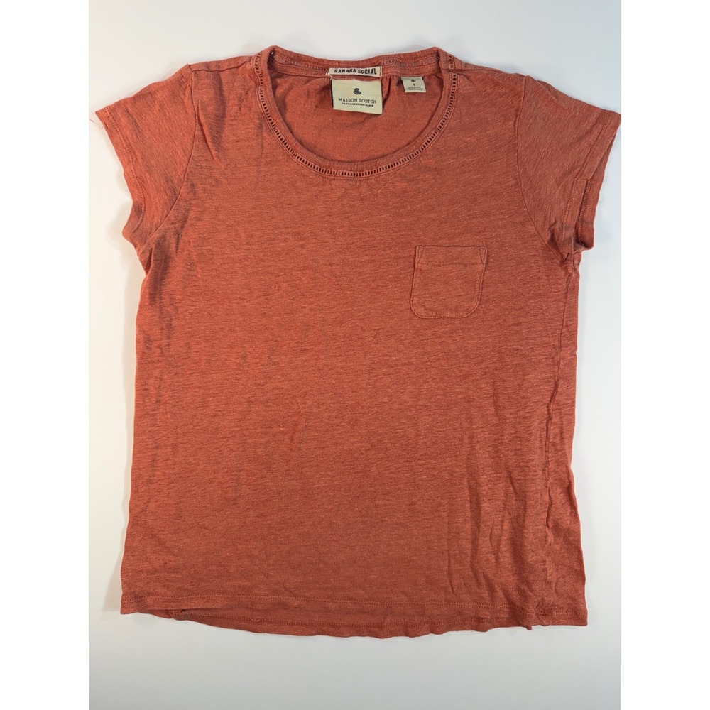 Maison Scotch Sahara Social Terracotta Linen Blend Pocket Tee Orange Size 1 S